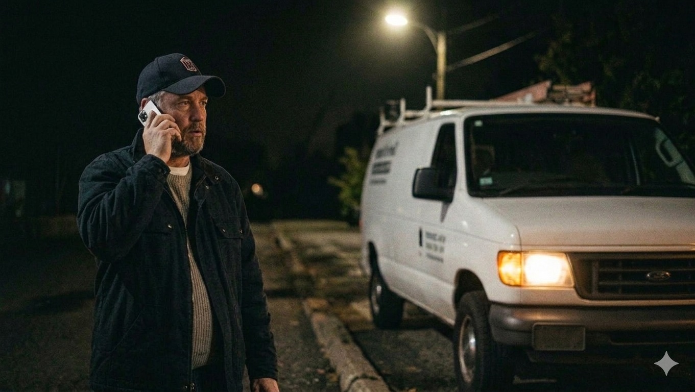 Technician on the phone beside a work van at night