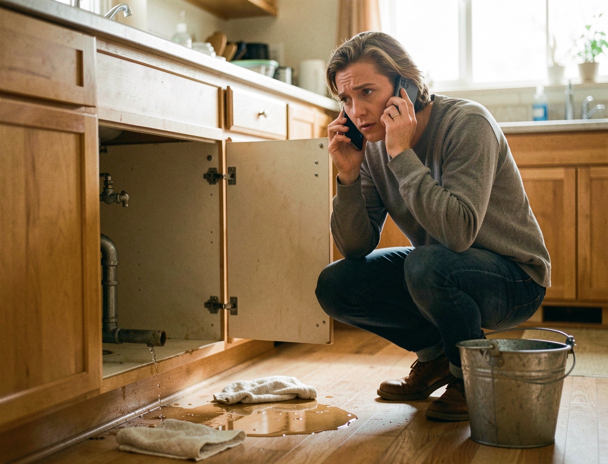 A homeowner on the phone beside a leaking pipe under the kitchen sink, trying to reach a plumber.